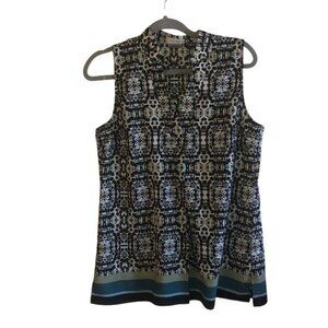 Van Heusen Sleeveless Black/White Patterned Top Teal & Green Trim Womens Medium